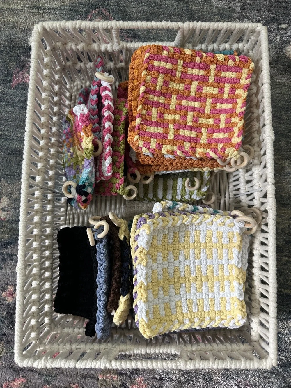 MYSTERY BUNDLE Colorful Handmade Pot Holders with Wooden Ring (mix and match)
